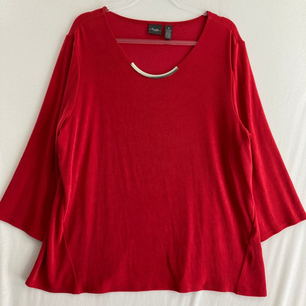 Chico's Travelers Top Size 3/XL Red Slinky Knit Silver Bar Neck Flare Sleeve‎